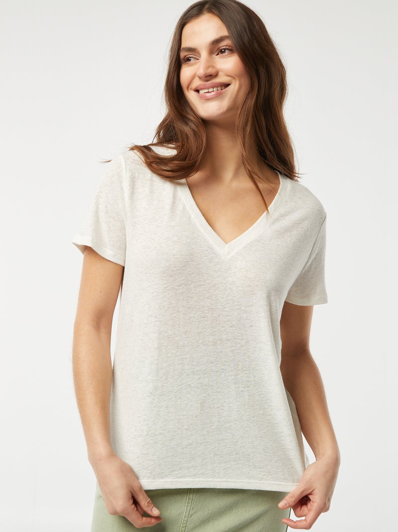 Camiseta básica de mezcla de lino con cuello de pico BLANCO - Kiabi