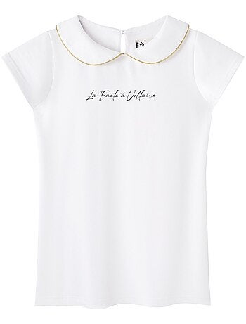 Camiseta Blanca de Manga Corta para Niña | Cuello Claudine | SOPHIA