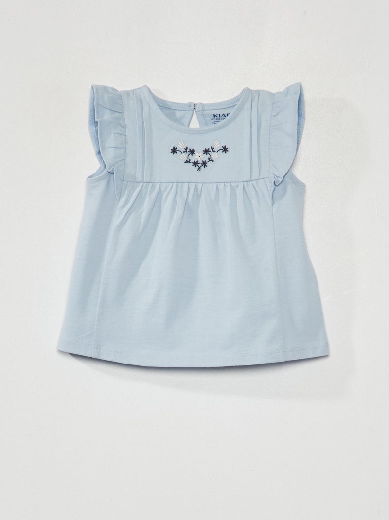 Camiseta bordada con volantes en las mangas AZUL - Kiabi