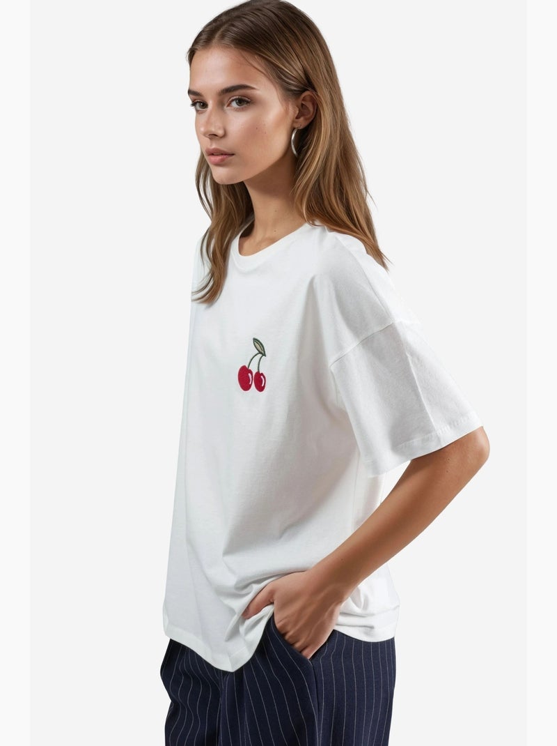 Camiseta bordada de cuello redondo de gran tamaño hiccup Blanco roto - Kiabi