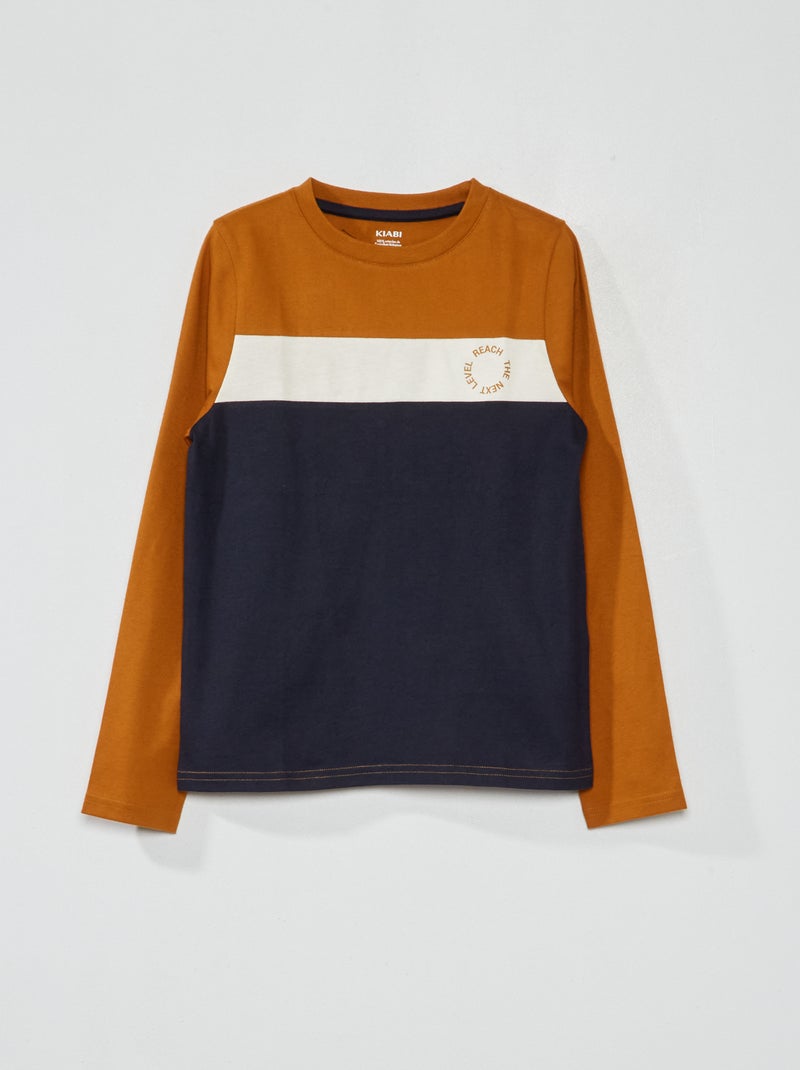 Camiseta colorblock de manga larga MARRON - Kiabi