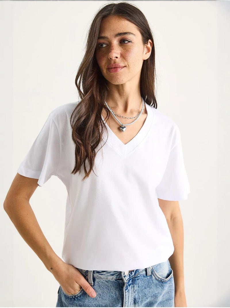 Camiseta cómoda de algodón orgánico con cuello en v profundo lucci Blanco - Kiabi
