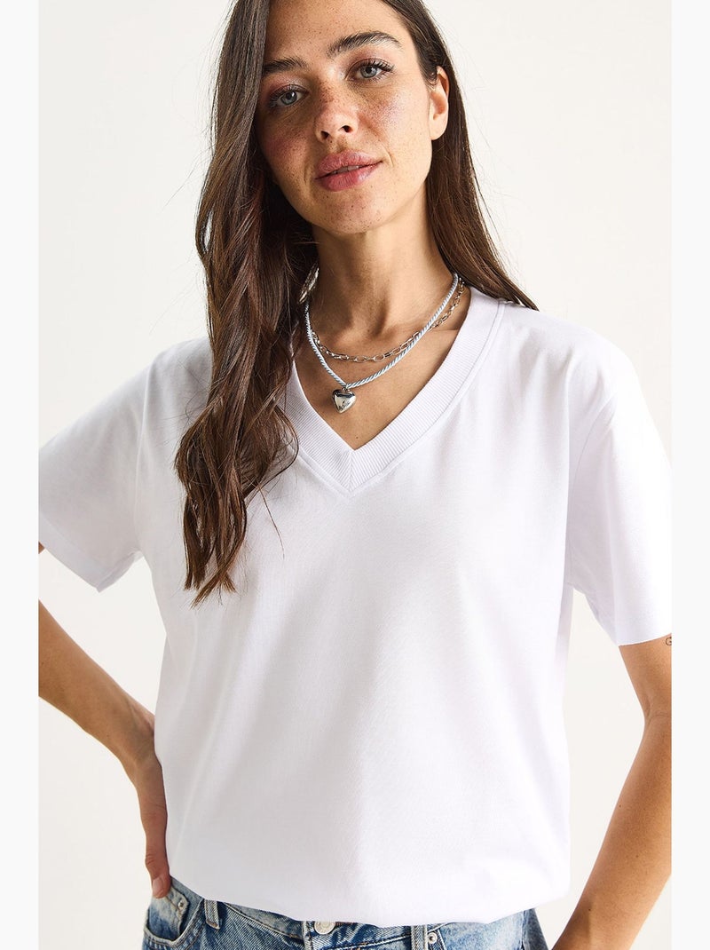 Camiseta cómoda de algodón orgánico con cuello en v profundo lucci Blanco - Kiabi