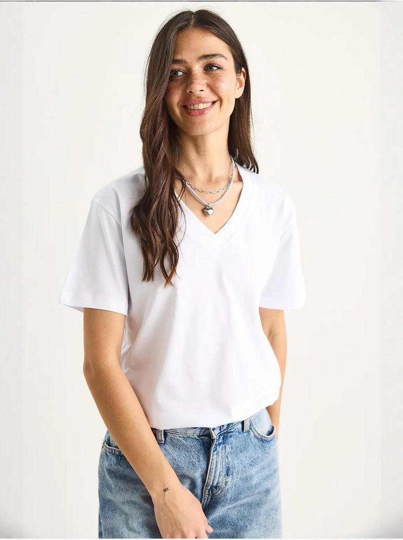 Camiseta cómoda de algodón orgánico con cuello en v profundo lucci Blanco - Kiabi