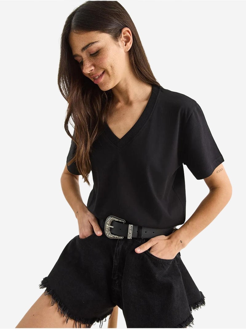 Camiseta cómoda de algodón orgánico con cuello en v profundo lucci Negro - Kiabi