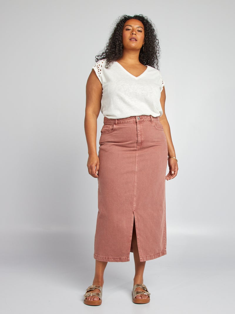 Camiseta con bordado con cuello de pico BEIGE - Kiabi