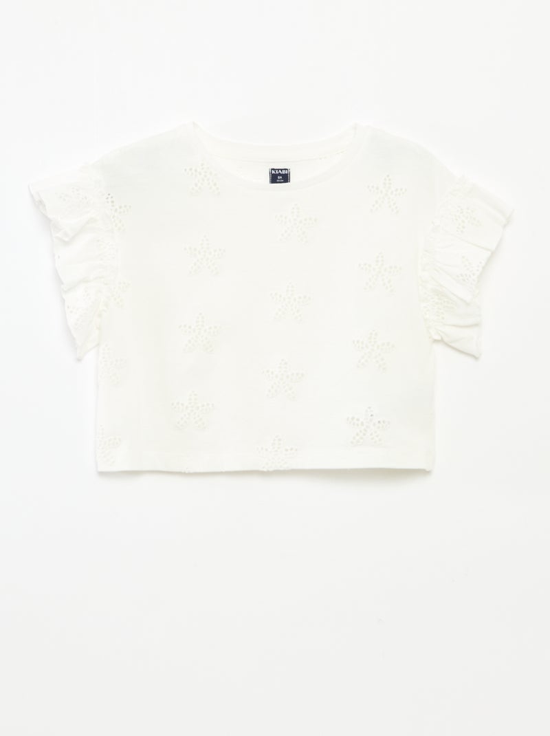 Camiseta con bordado de flores Blanco - Kiabi