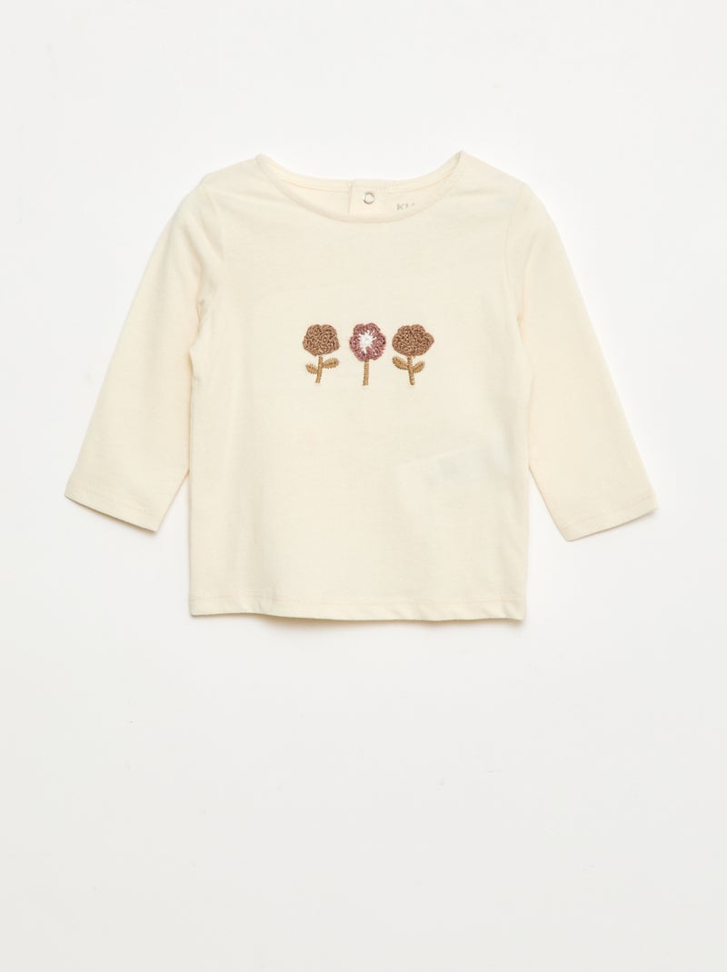 Camiseta con bordado de flores Blanco - Kiabi
