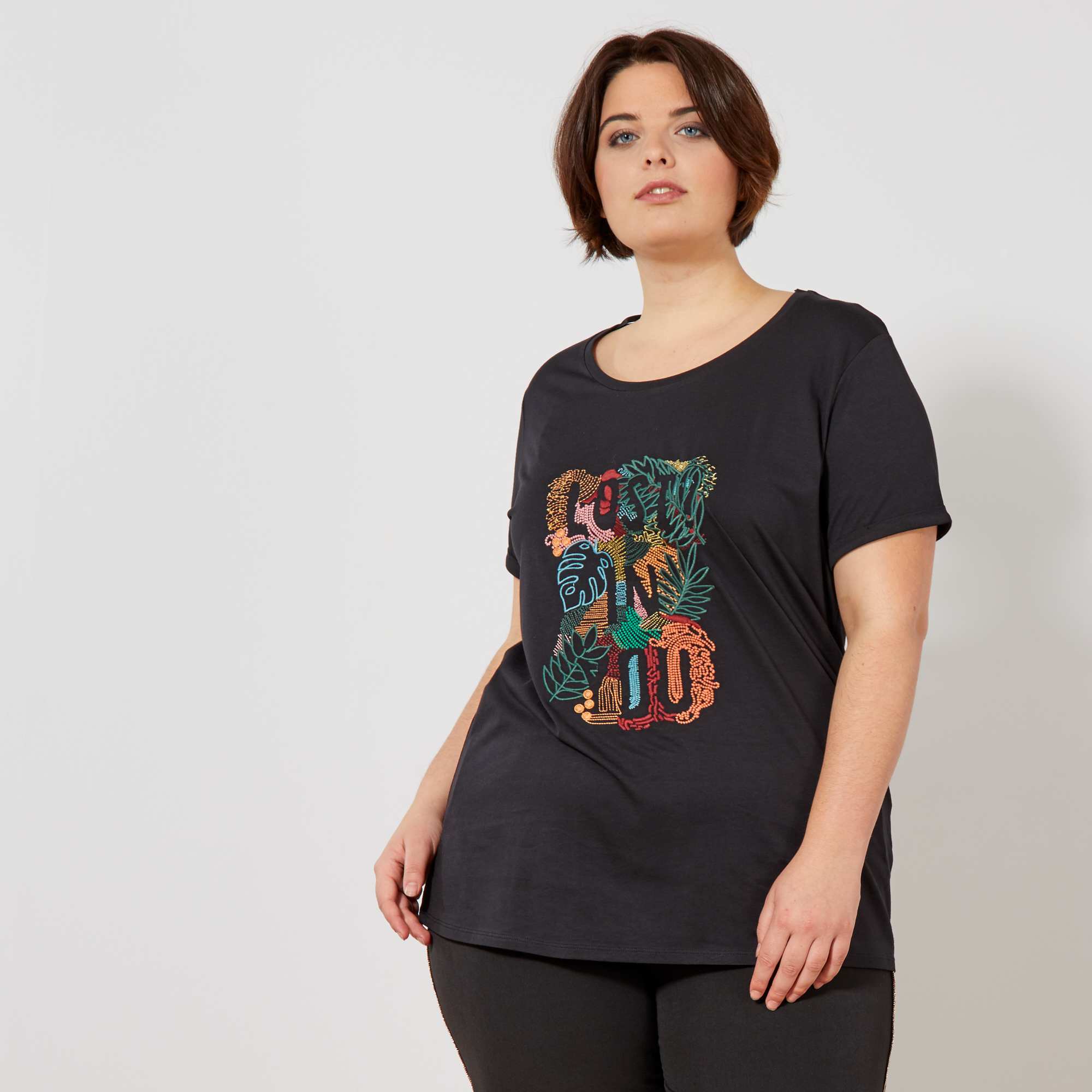 Camiseta con bordado Tallas grandes mujer - negro - Kiabi - 15,00€