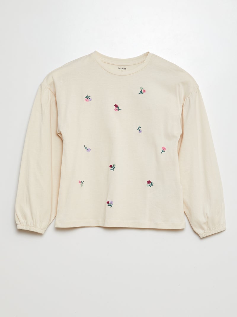 Camiseta con bordado y frunces en las sisas BEIGE - Kiabi