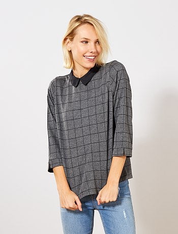 Camiseta con cuello bebé a cuadros - Kiabi