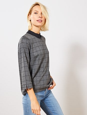 Camiseta con cuello bebé a cuadros - Kiabi