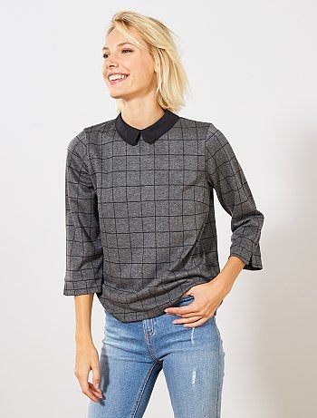 Camiseta con cuello bebé a cuadros - Kiabi