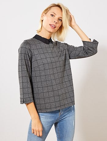 Camiseta con cuello bebé a cuadros - Kiabi