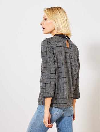 Camiseta con cuello bebé a cuadros - Kiabi