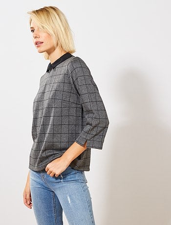 Camiseta con cuello bebé a cuadros - Kiabi