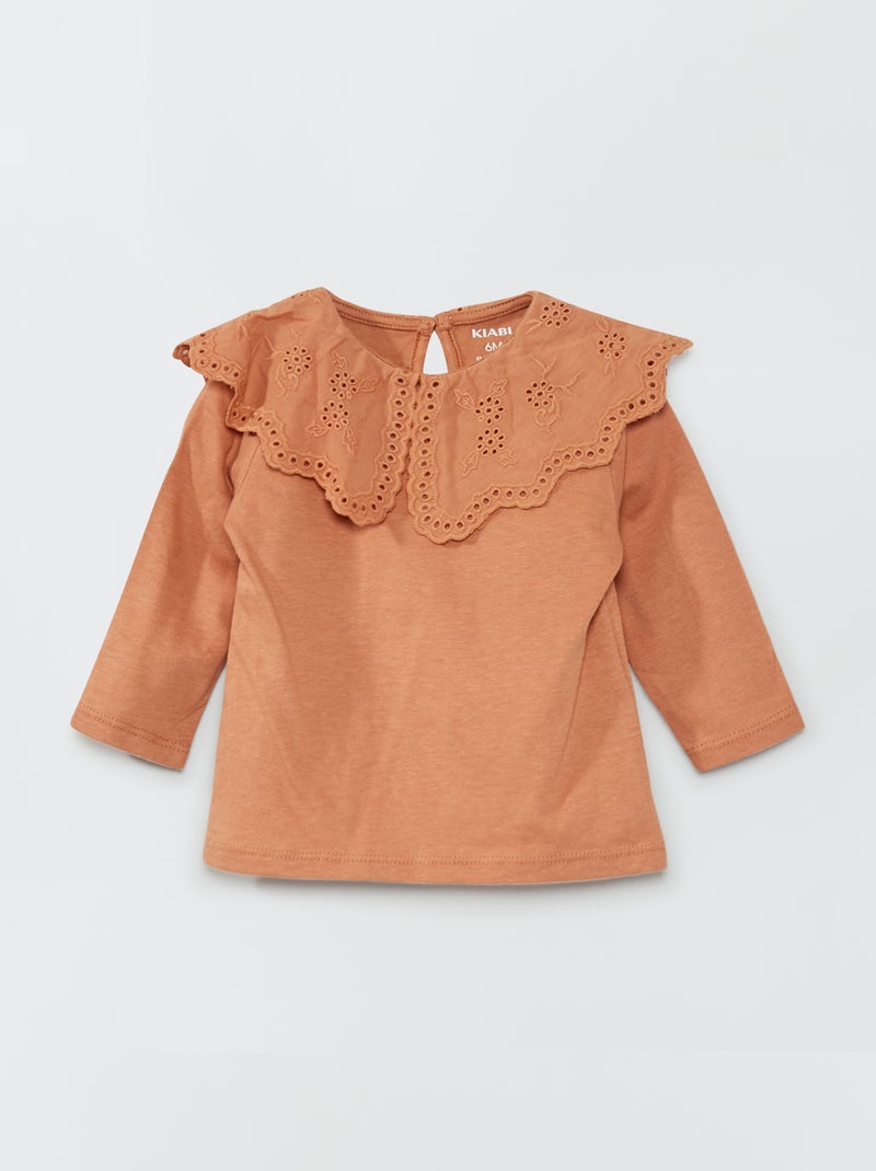 Camiseta con cuello bebé y bordado inglés MARRON - Kiabi