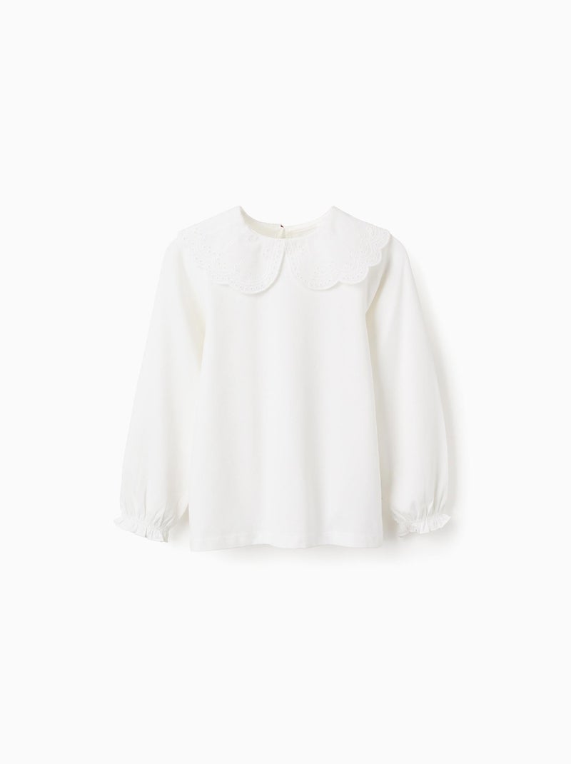 Camiseta con cuello bordado inglés y volantes Blanco - Kiabi