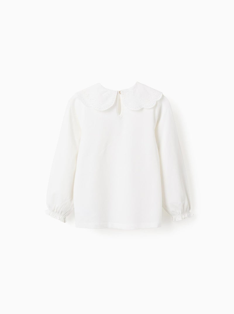 Camiseta con cuello bordado inglés y volantes Blanco - Kiabi