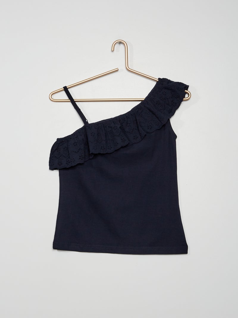 Camiseta con cuello con volantes azul marino - Kiabi