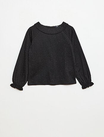 Camiseta con cuello con volantes en punto gofrado con lentejuelas