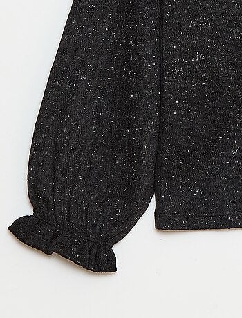 Camiseta con cuello con volantes en punto gofrado con lentejuelas