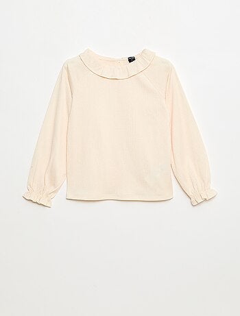 Camiseta con cuello con volantes en punto gofrado con lentejuelas