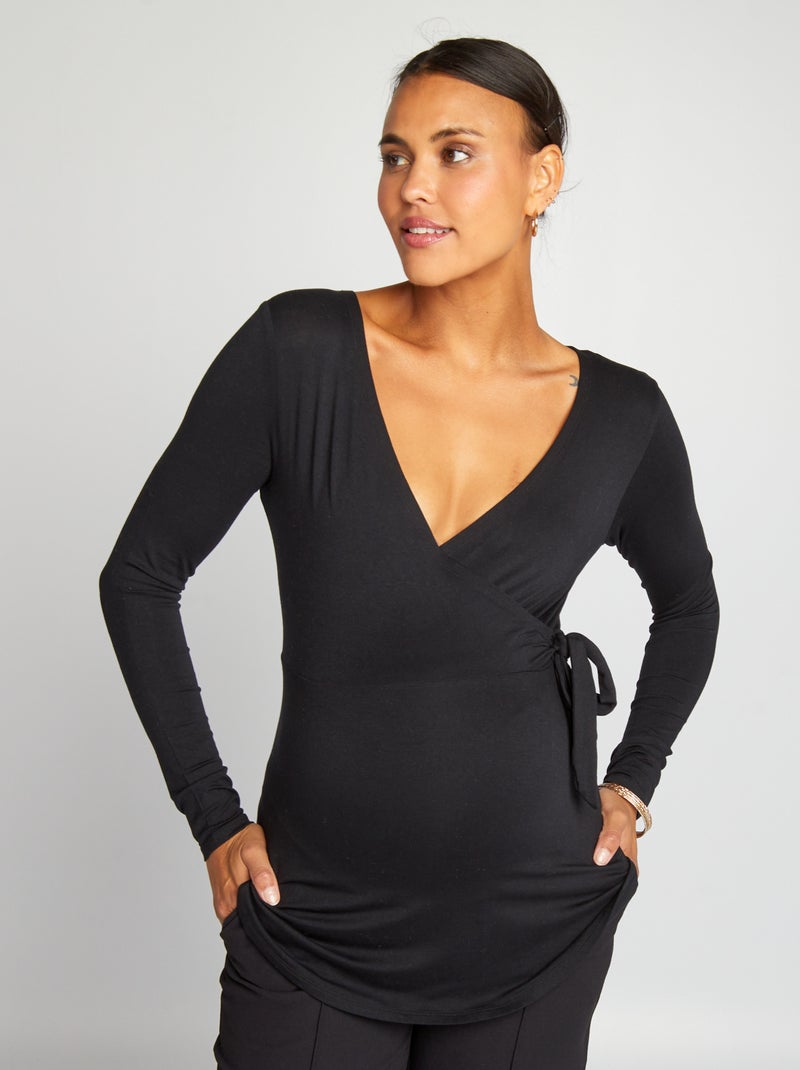 Camiseta con cuello cruzado Negro - Kiabi
