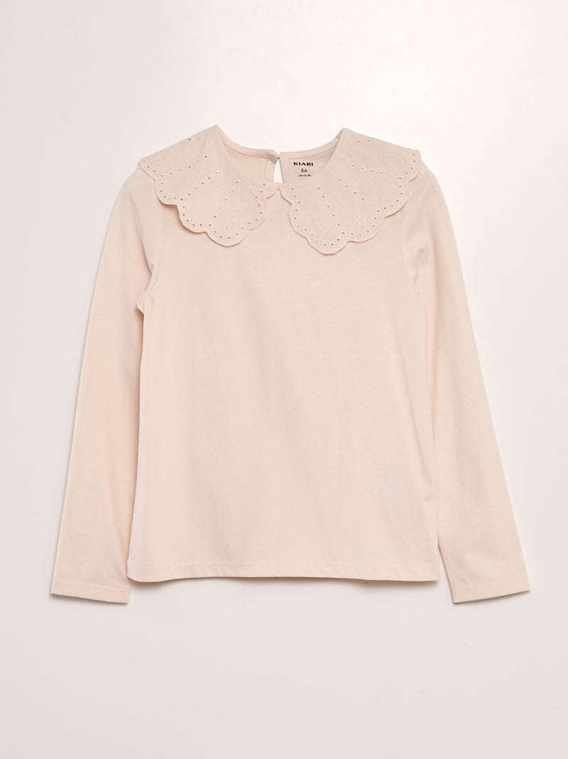 Camiseta con cuello de bordado inglés ROSA - Kiabi