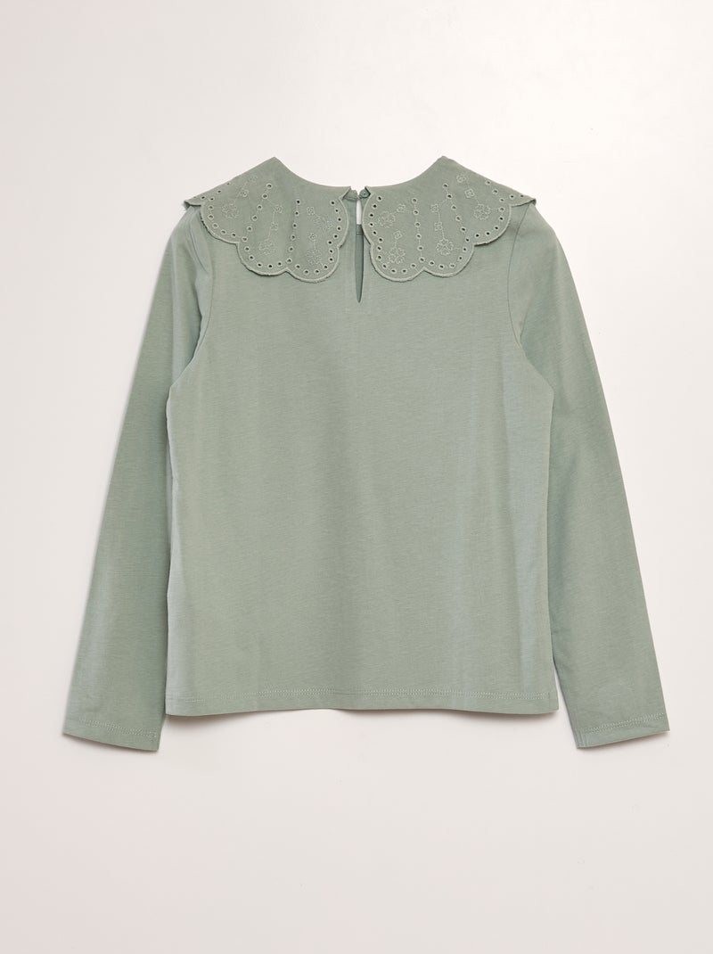 Camiseta con cuello de bordado inglés VERDE - Kiabi