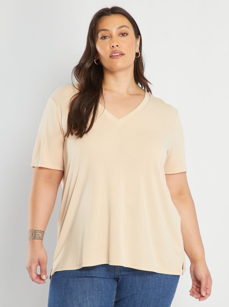 Camiseta con cuello de pico de tejido suave BEIGE - Kiabi