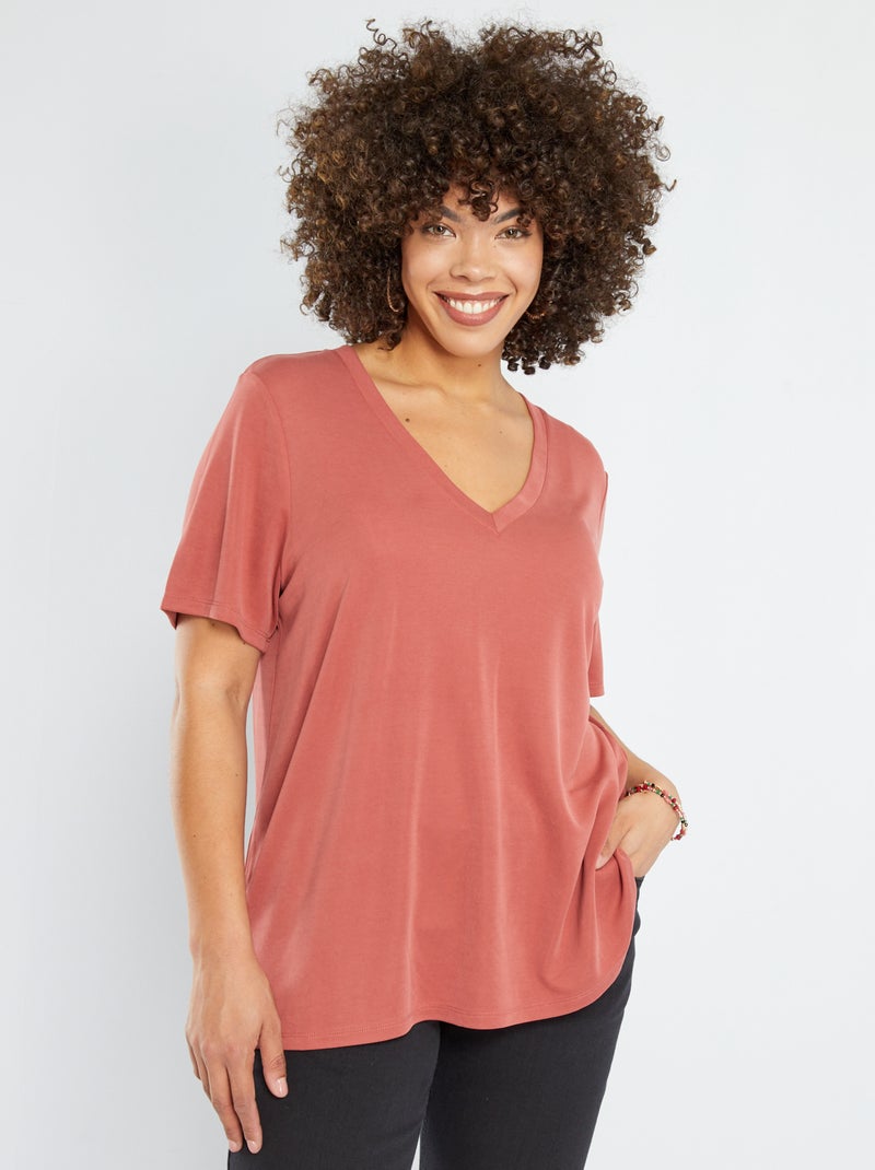 Camiseta con cuello de pico de tejido suave ROJO - Kiabi