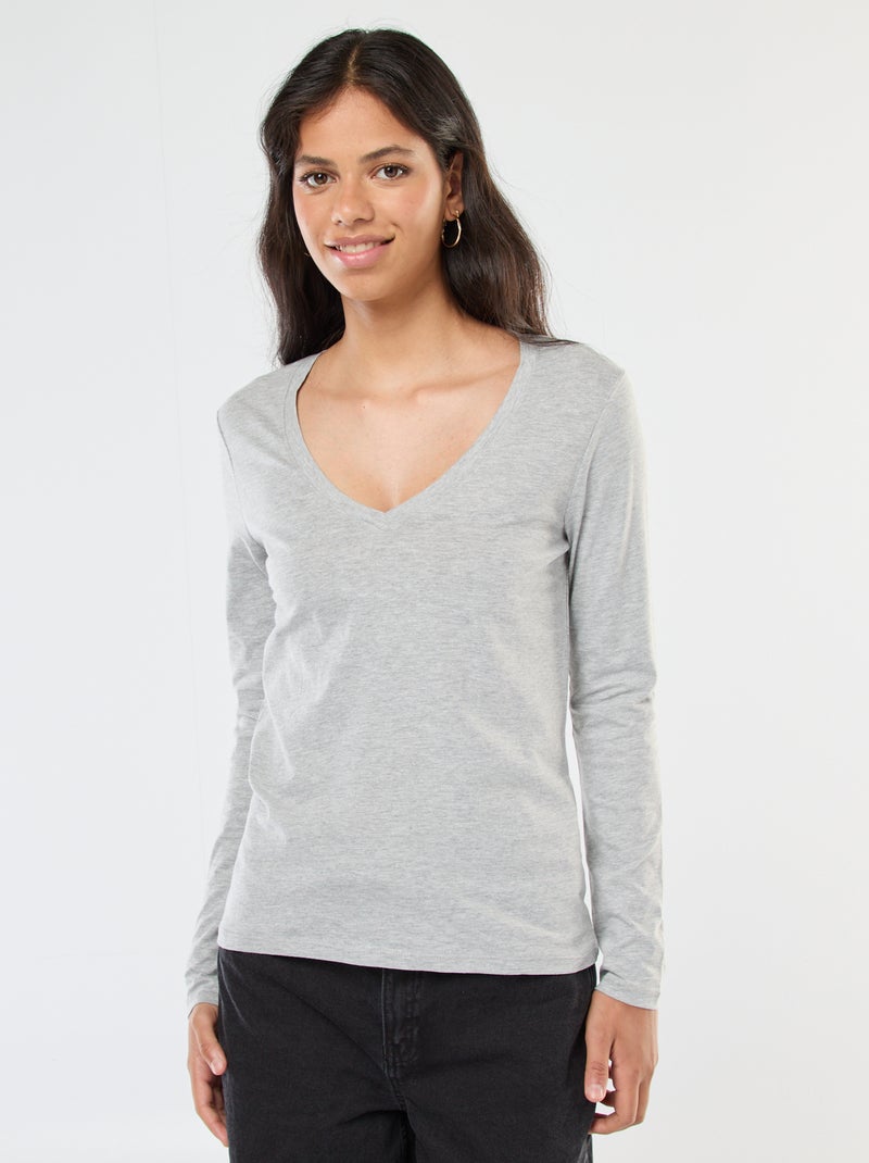 Camiseta con cuello de pico Gris - Kiabi