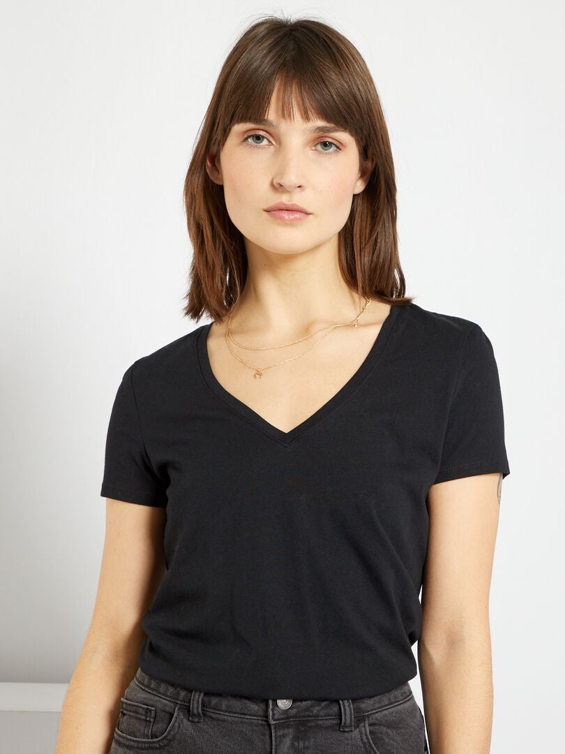 Camiseta con cuello de pico Negro - Kiabi