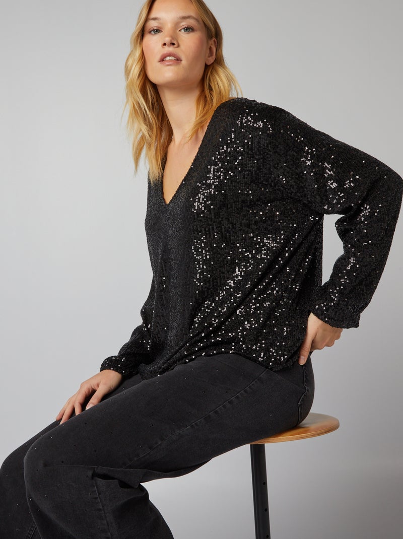 Camiseta con cuello de pico y lentejuelas negro - Kiabi
