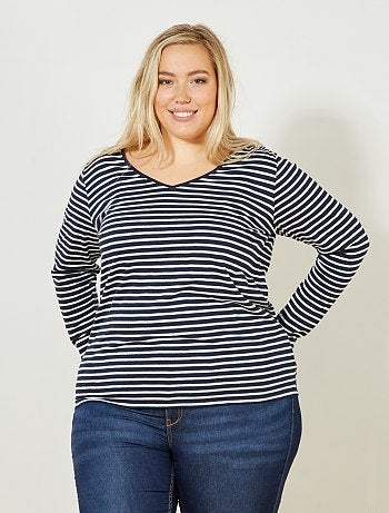 Tallas grandes mujer - Camiseta con cuello de pico y manga larga de punto flameado - Kiabi