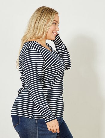 Tallas grandes mujer - Camiseta con cuello de pico y manga larga de punto flameado - Kiabi