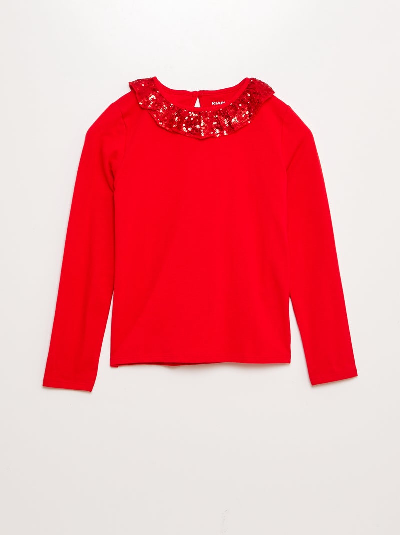 Camiseta con cuello de tul y lentejuelas ROJO - Kiabi