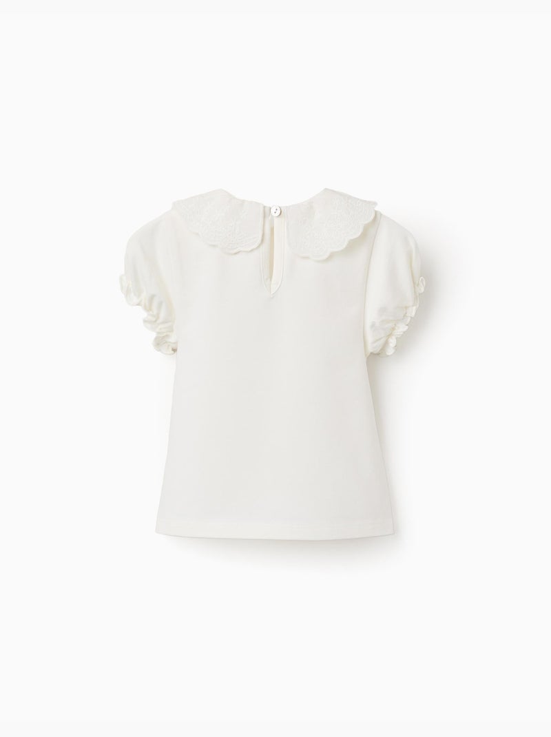 Camiseta con cuello festoneado y bordado Beige claro - Kiabi