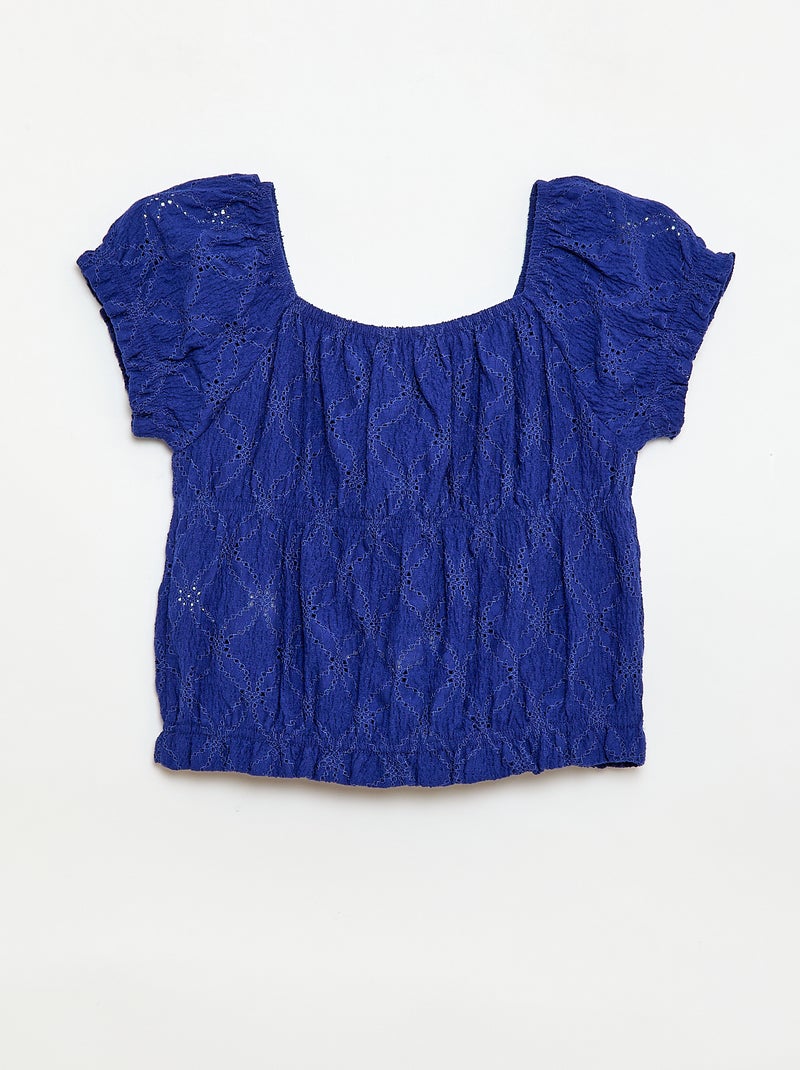 Camiseta con efecto fruncido y bordado inglés Azul - Kiabi