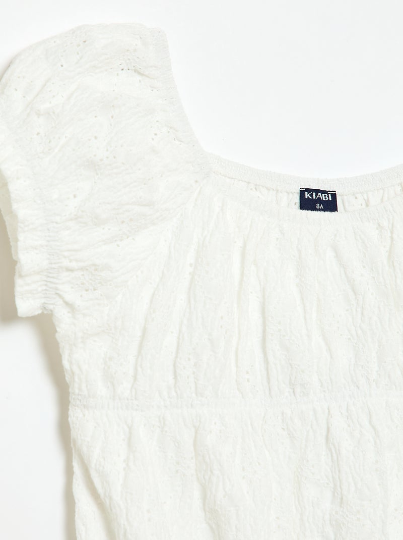Camiseta con efecto fruncido y bordado inglés Blanco - Kiabi