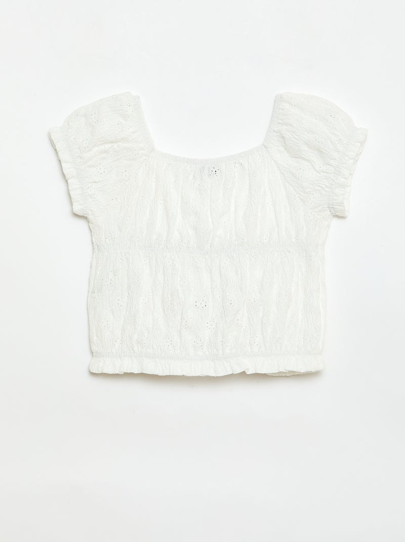 Camiseta con efecto fruncido y bordado inglés Blanco - Kiabi