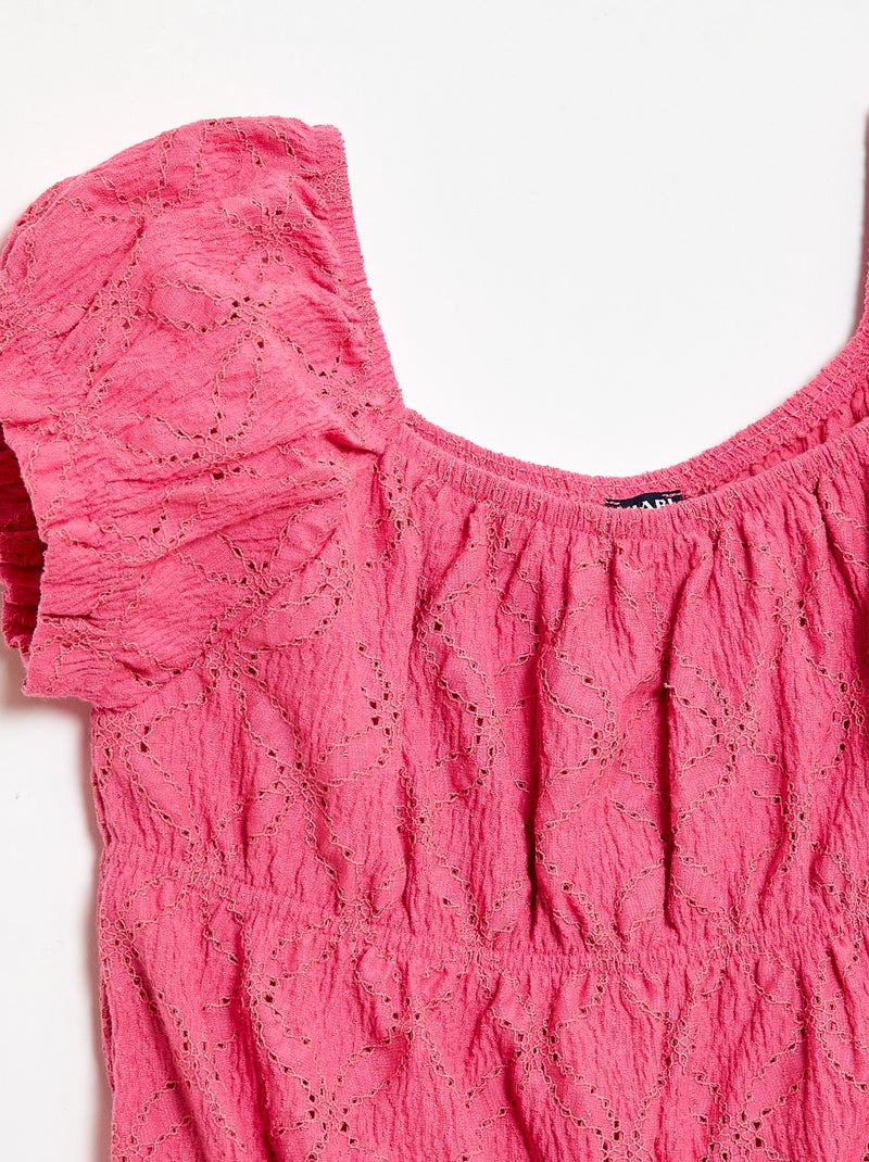 Camiseta con efecto fruncido y bordado inglés Rosa - Kiabi