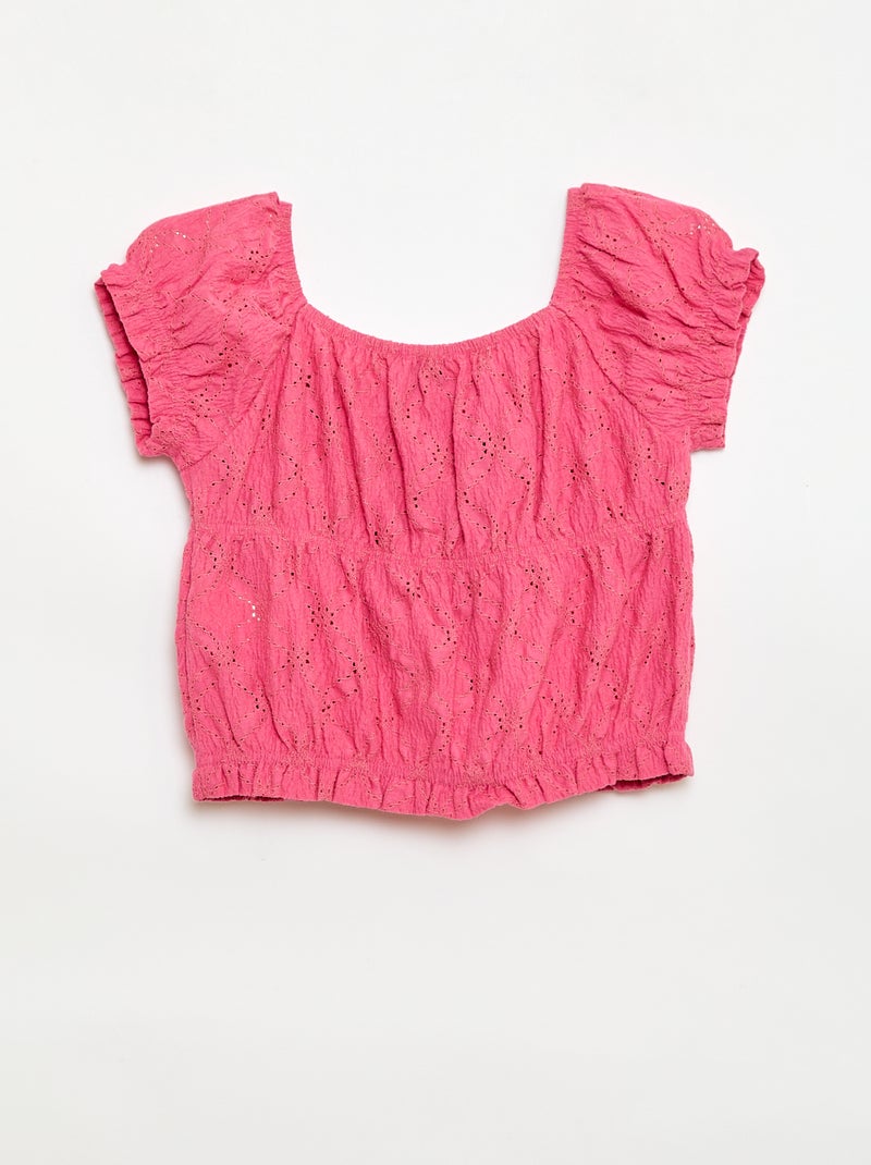 Camiseta con efecto fruncido y bordado inglés Rosa - Kiabi