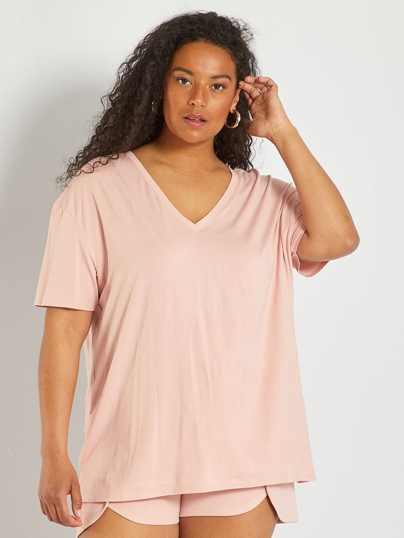 Camiseta con escote de pico rosa - Kiabi