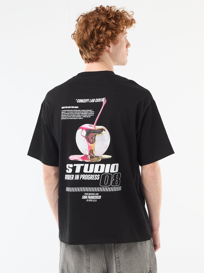 Camiseta con estampados delante y detrás en algodón liso Negro - Kiabi