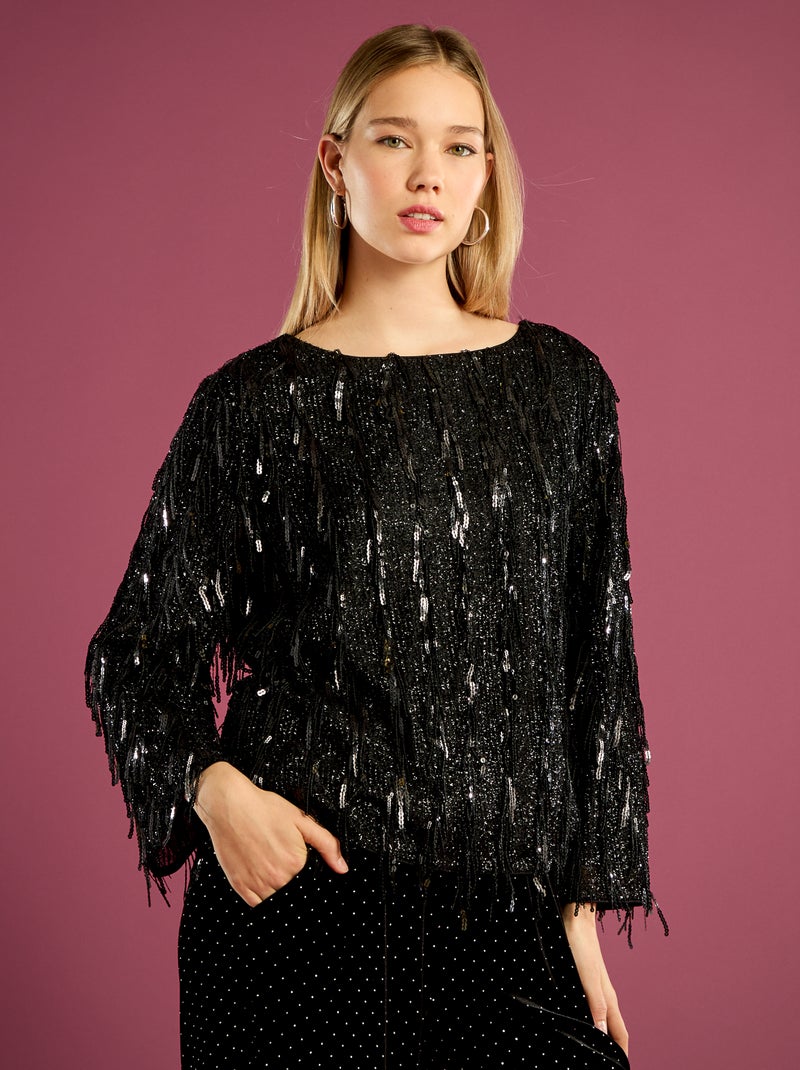 Camiseta con flecos y lentejuelas Negro - Kiabi