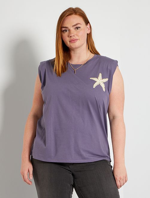 Camiseta con hombreras bordada 'estrella de mar'                             violeta gris 
