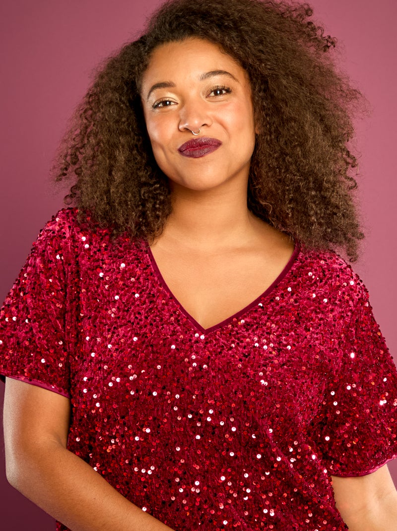 Camiseta con lentejuelas integrales manga corta Rojo - Kiabi