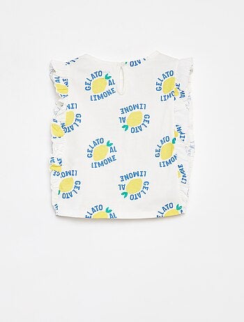 Camiseta con motivo y volantes en las sisas